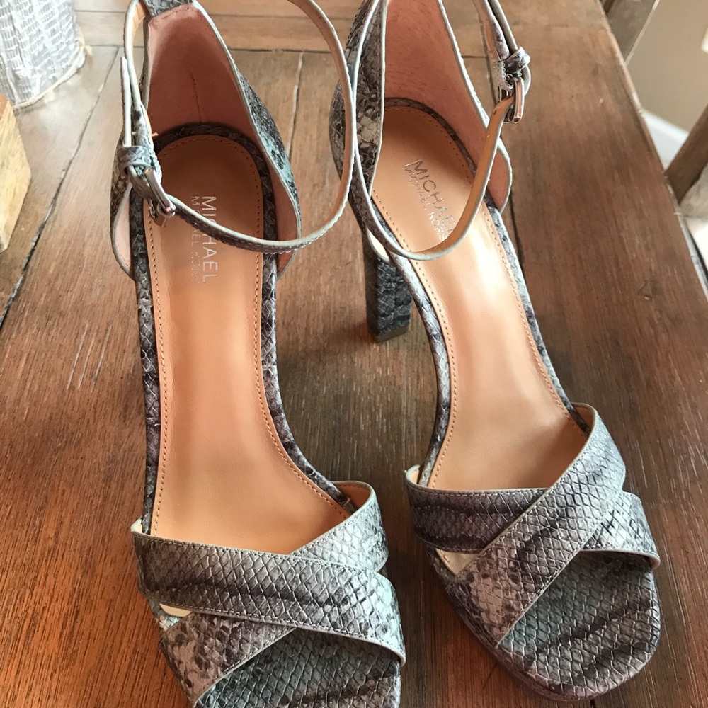 Michael Kors Gray Snake-Print Ankle Strap Platform Sandals - Picture 2 of 4